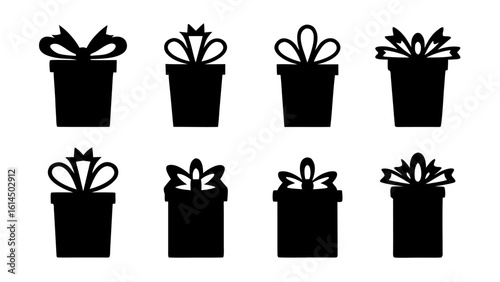  Gift boxes with ribbon icons Set. Gift box flat silhouette set.