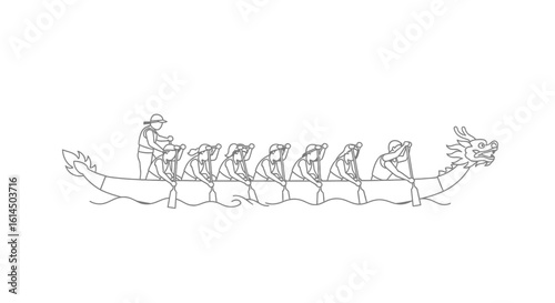 Dragon boat racing illustration. Team of rowers in synchronized paddling during traditional competition. Vector illustration.