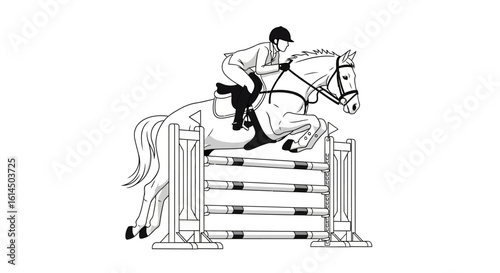 Equestrian sports illustration. Professional rider jumps a horse over hurdles in a competitive show jumping event. Vector illustration.