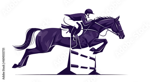 Equestrian sport illustration. A horse with rider jumping over an obstacle in stylized purple design. Vector illustration.