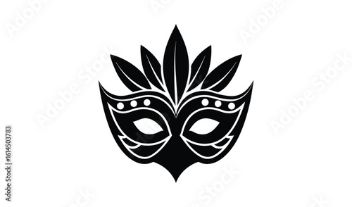 Black masquerade mask with feathers and ornate details