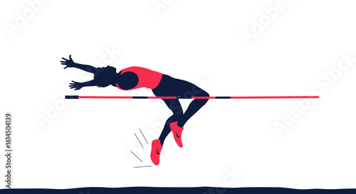 High jump athlete illustration. Stylish silhouette of professional sportsman performing a jump over the bar during track and field event. Vector illustration.