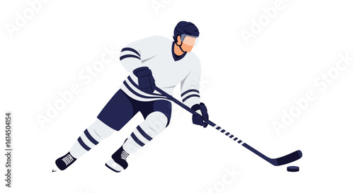 Ice hockey player illustration. Athlete in uniform skating with stick and puck during game action. Vector illustration.
