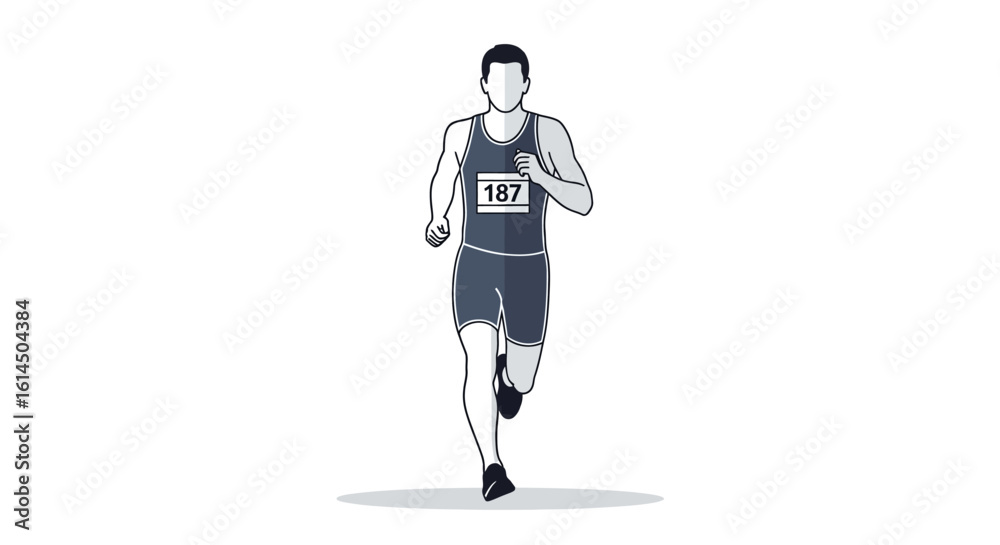Obraz premium Marathon runner. Athlete sprinting forward during competition, wearing race bib in sports apparel. Vector illustration.