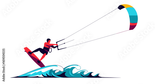 Kitesurfing illustration. Athlete riding waves with colorful kite and board, adrenaline sports concept. Vector illustration.