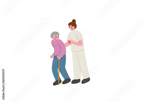 歩くのを補助する女性介護士