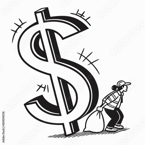 Person struggling to carry a large bag of money next to a giant dollar sign