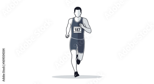 Marathon runner. Athlete sprinting forward during competition, wearing race bib in sports apparel. Vector illustration.