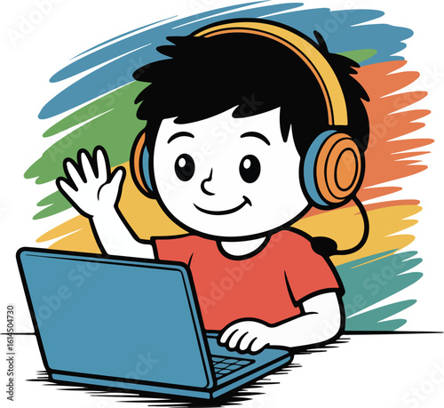 A young boy is happily using a laptop with headphones Transparent png vector