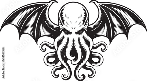 Cthulhu Monster with Wings and Tentacles Engraving Vector Illustration