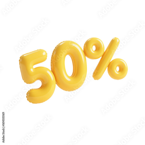 Vibrant 3D Render of a Shiny Yellow 50% Discount Sign for Sales and Promotions