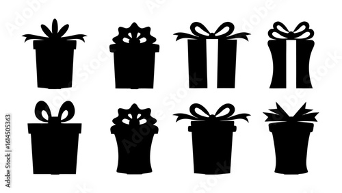  Gift boxes with ribbon icons Set. Gift box flat silhouette set.