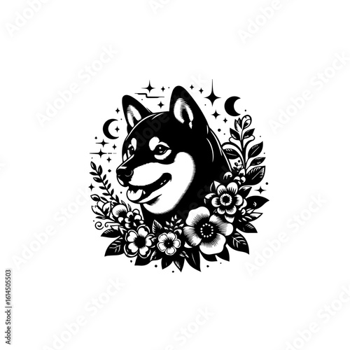 Black Shiba Inu Dog Surrounded by Flowers and Stars.