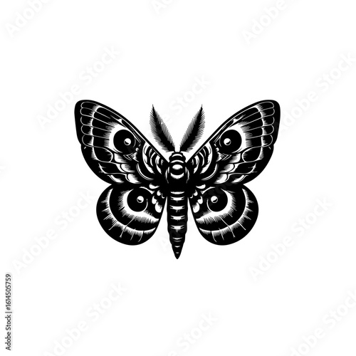Intricate Black and White Moth Illustration.