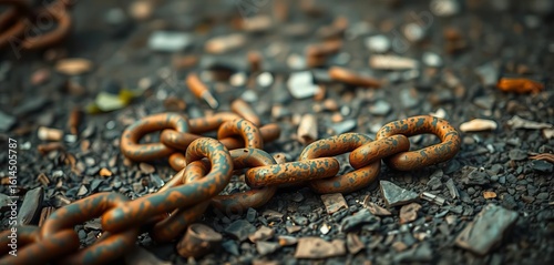 Close-up of rusted chains lying on the ground, broken links scattered,   strength,   restriction