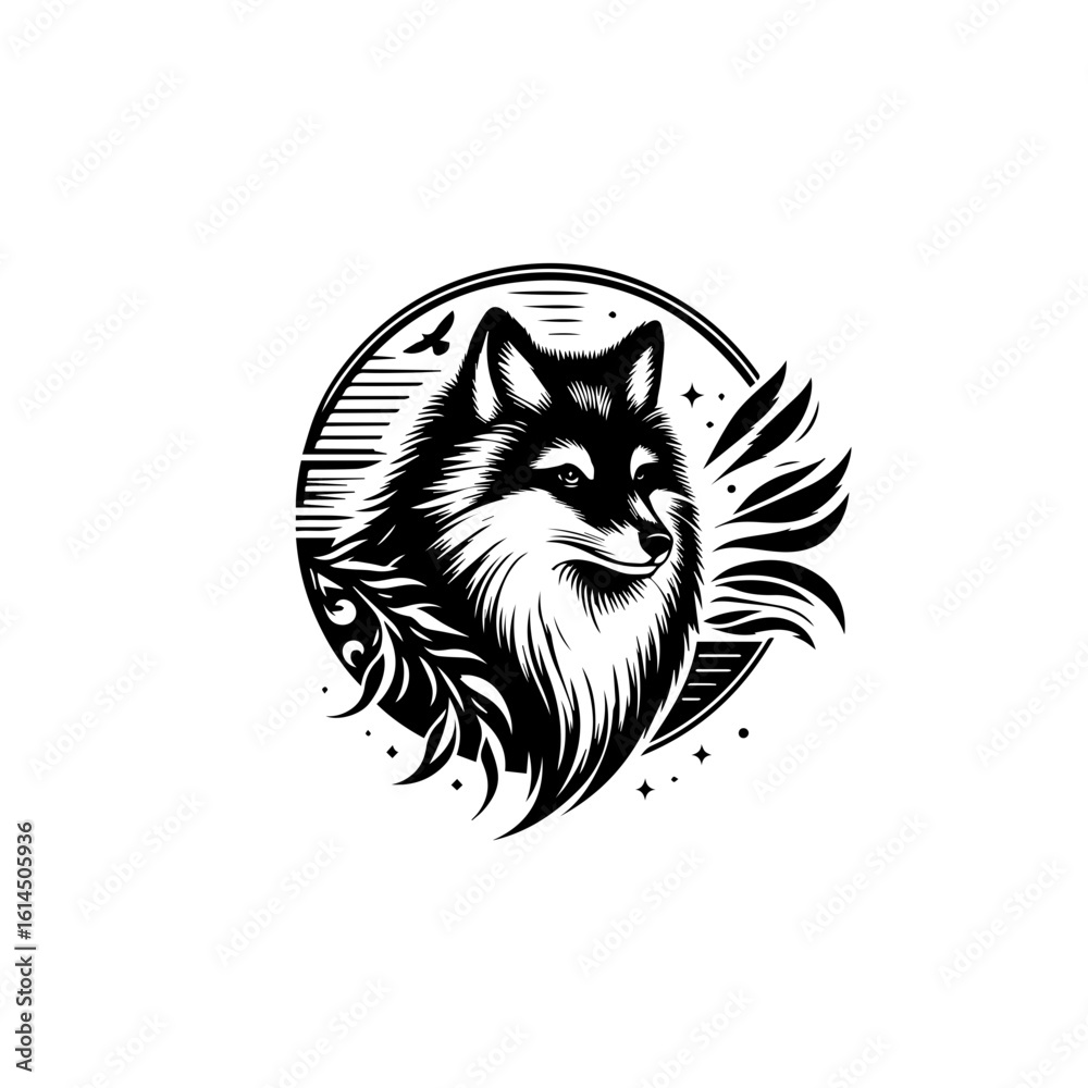 Fototapeta premium Majestic Wolf Head Emblem with Tribal Elements.