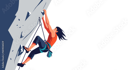 Rock climbing illustration. Female climber scaling a steep cliff wearing safety gear. Vector illustration.