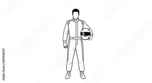 Race car driver illustration. Full-body outline of a professional racing driver in a suit holding a helmet. Vector illustration.