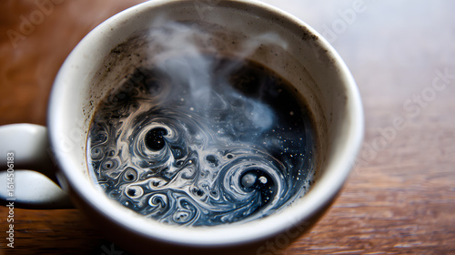 Surreal cup of coffee with swirling cosmic patterns inside, representing the hidden effects of daily ritual.