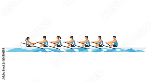 Rowing team illustration. Competitive crew of six athletes rowing a long boat on water, showcasing teamwork and sportsmanship. Vector illustration.