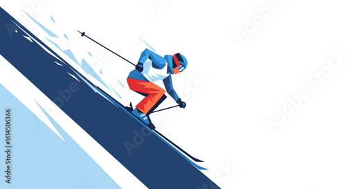 Skiing illustration. Dynamic skier descending a steep slope in colorful geometric style. Vector illustration.