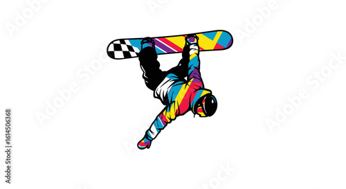 Snowboarding illustration. Vibrant design of a snowboarder performing an aerial trick in colorful attire and gear. Vector illustration.