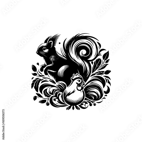 Wallpaper Mural Stylized Black Silhouette of Squirrel and Chicken with Floral Elements. Torontodigital.ca