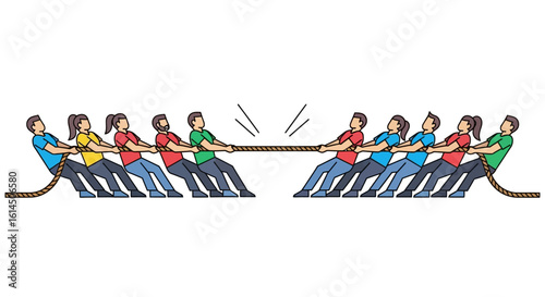 Teamwork tug of war illustration. Two teams compete in a rope pulling contest symbolizing cooperation, challenge, and team spirit. Vector illustration.