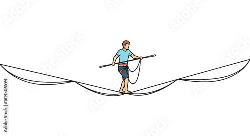 Tightrope walking illustration. Male acrobat balancing on a rope with a pole, performing a high-risk stunt. Vector illustration.