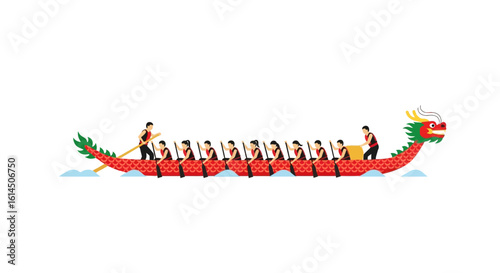 Dragon boat racing illustration. Team paddling in red dragon-shaped boat on water during traditional event. Vector illustration.