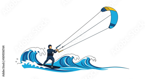 Kitesurfing concept. Man rides on waves using surfboard and parachute. Vector illustration.