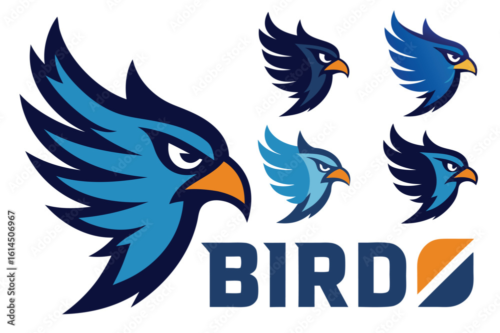 Obraz premium Vector art of several blue bird mascot designs are displayed on a white background