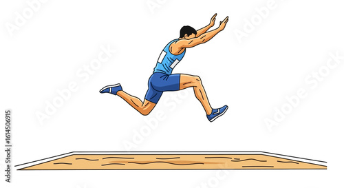 Athletics long jump illustration. Male athlete in mid-air during long jump competition, wearing sports uniform and shoes. Vector illustration.
