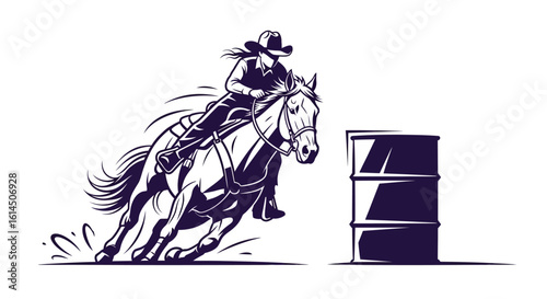 Barrel racing illustration. Rodeo horseman in motion riding a galloping horse around a barrel, depicting western equestrian sport. Vector illustration.