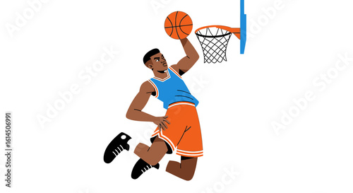 Basketball dunk illustration. Athlete in uniform jumps to score a slam dunk. Vector illustration.