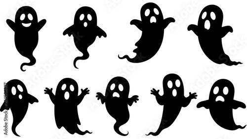 Halloween ghost black silhouette set.halloween cartoon ghost black symbol.