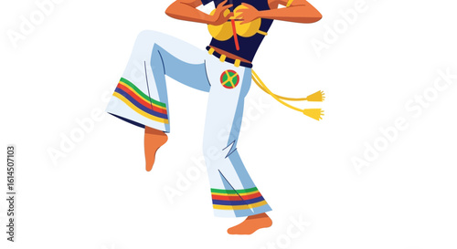 Capoeira dancer illustration. Vibrant depiction of Brazilian martial art combined with dance, showcasing traditional movements. Vector illustration.