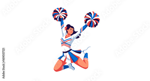 Cheerleader illustration. Energetic figure performing a jump with pom-poms in vibrant uniform. Vector illustration.