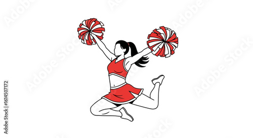 Cheerleader illustration. Athletic female in red uniform jumps with pom-poms in cheerleading pose. Vector illustration.