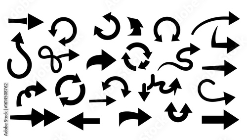 A collection of various black arrow silhouettes vector.