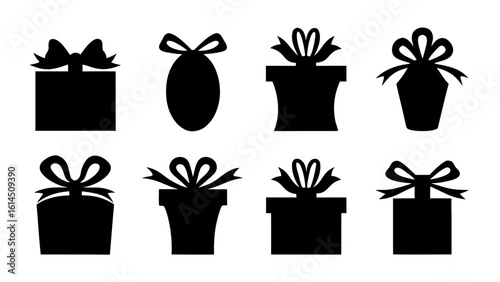  Gift boxes with ribbon icons Set. Gift box flat silhouette set.