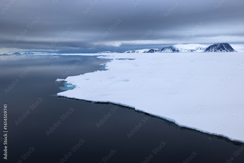 Obraz premium Floating ice on the ocean with cloud reflection in the arctic of Svalbard, Norway 