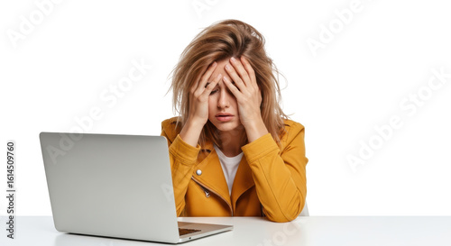 A young woman with blonde hair, dressed in a yellow jacket, expresses extreme frustration while working on her laptop, symbolizing work related stress and burnout.