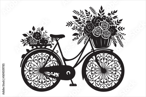 Elegant Black and White Bicycle with Floral Basket