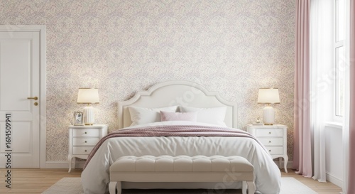 Elegant bedroom with soft pink accents and patterned wallpaper