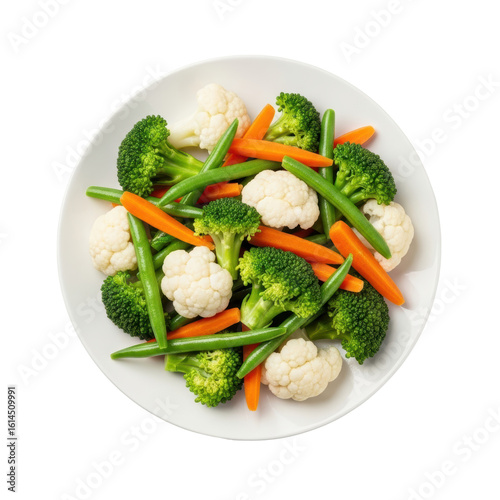A vibrant mix of steamed broccoli, cauliflower, carrots, and green beans served on a white plate, perfect for healthy eating and nutritious meals.