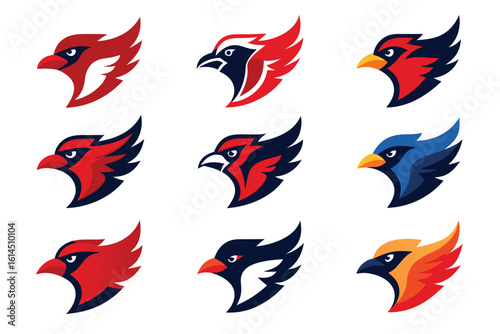 Vector art of a collection of colorful cardinal and blue jay head mascots isolated on white background