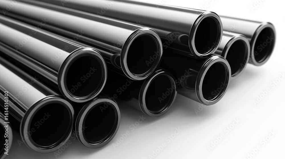 Fototapeta premium Black metal pipes and shiny plastic tubes arranged in abstract forms on white background, close up view of glossy steel profiles for construction industry concepts and design