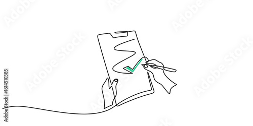 Minimalist one line drawing of a hand holding a clipboard with a checklist.
