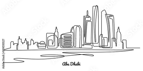Continuous one line drawing of Abu Dhabi city skyline symbolizing urban architecture and modern landmarks.